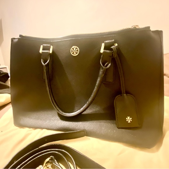 Tory Burch Robinson Double Zip Tote Saffiano Black Leather Large - Picture 3 of 6